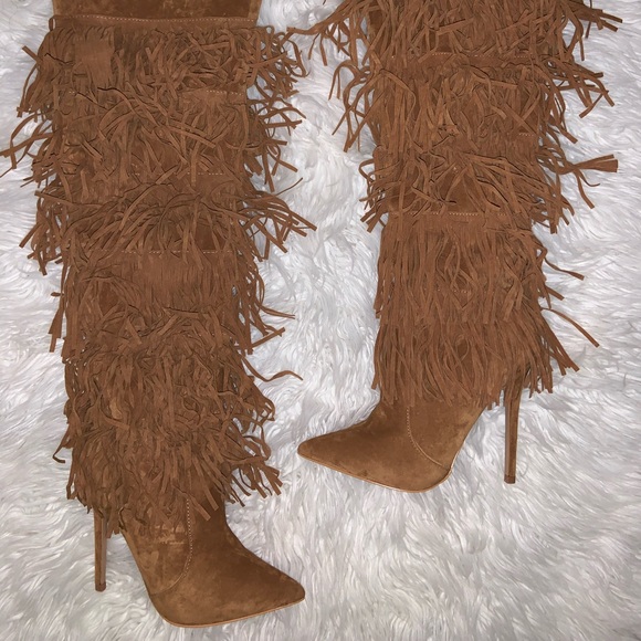 Size 5 1/2 brown fringe boots 4.5 inch heel - Picture 1 of 6